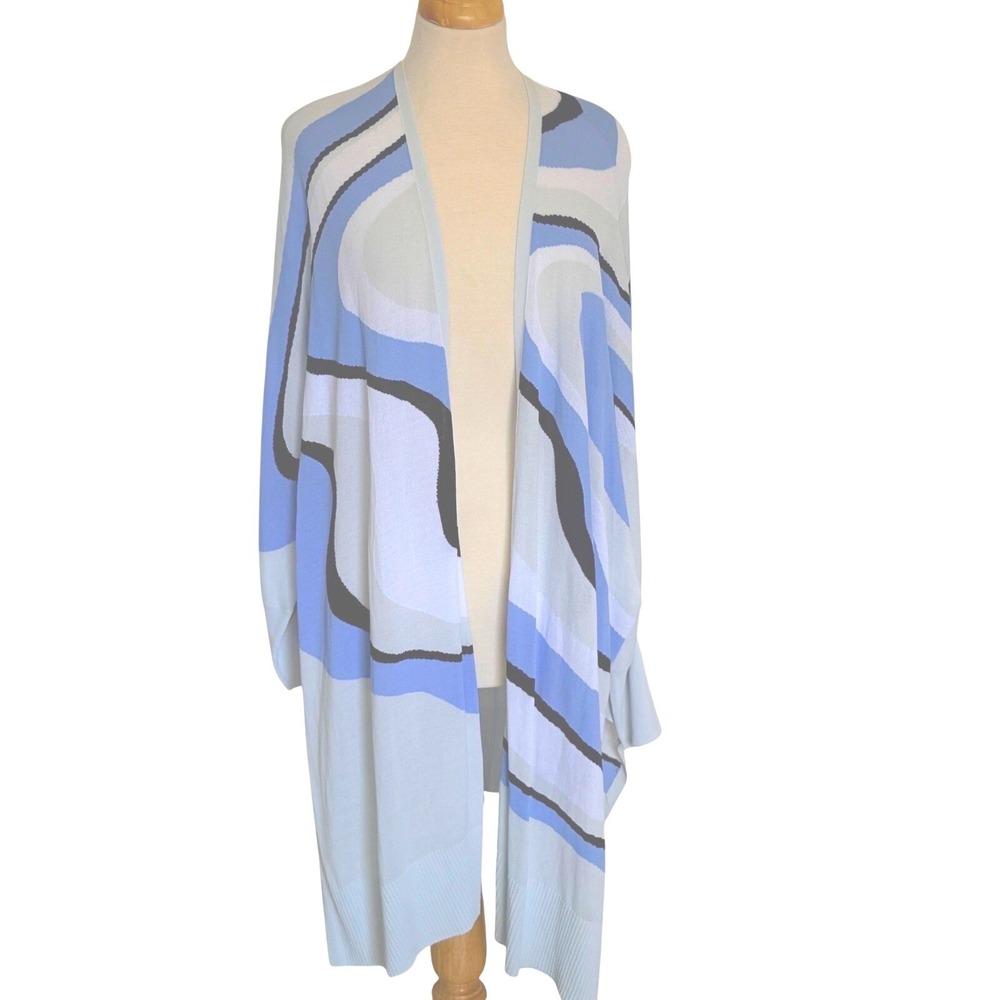 Chico's Abstract Swirl Open Front Cardigan Size 2 Lg Blue Kimono Wrap